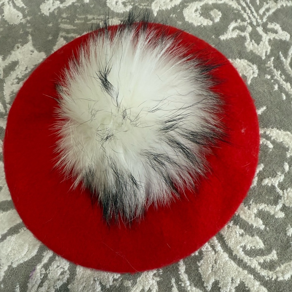 Red Beret with White and Black Fur Accent